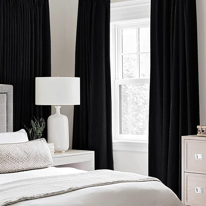 MIULEE Linen Texture 90 Inches Curtains for Bedroom 100% Blackout Thermal Insulated Halloween Black Curtains Grommet Room Darkening Drapes for Living Room Nursery 52x90 Inch (2 Panels)