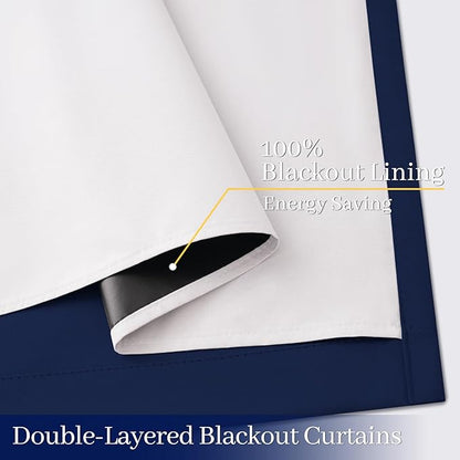 Yakamok 100% Blackout Curtain Panels 63 inches Cold and Light Blocking Drapes for Nursery, 2 Thick Layers Thermal Insulated Draperies (2 Pieces, 50 Wide Each Panel, Navy Blue/White Backing)