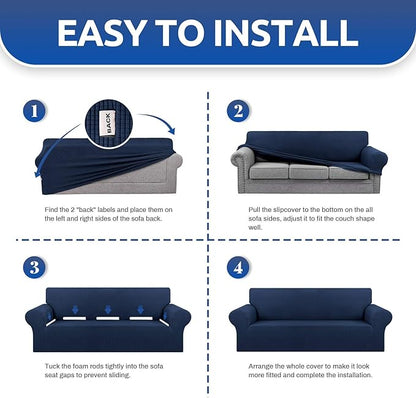 KEKUOU Stretch Single Sofa Slipcover 1 Piece Couch Sofa Cover (31"-55") Furniture Protector 1 Seater Sofa with Elastic Bottom for Kids,Pet.Jacquard Small Checked Pattern Fabric(Small,Navy Blue)