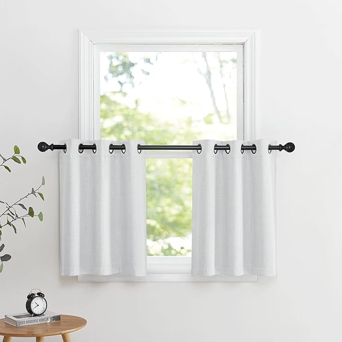 NICETOWN Faux Linen Valances, Short Cafe Curtains Kitchen Tiers, Room Darkening Small Window Curtains Treatment Grommet Top for Bathroom/Basement(2 Panels, 34x24 Inches, Greyish White)