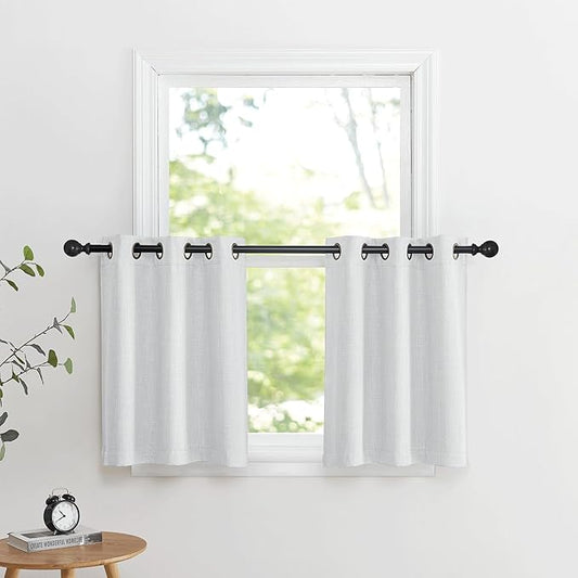 NICETOWN Faux Linen Valances, Short Cafe Curtains Kitchen Tiers, Room Darkening Small Window Curtains Treatment Grommet Top for Bathroom/Basement(2 Panels, 34x24 Inches, Greyish White)