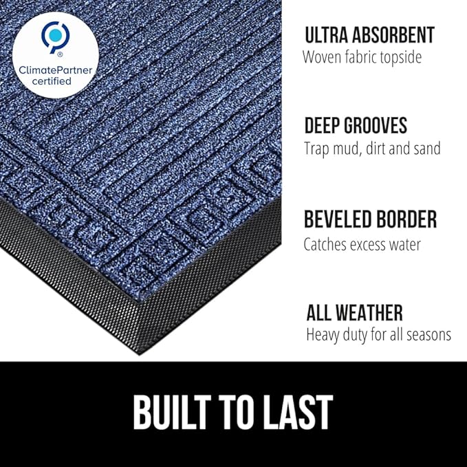 GORILLA GRIP 100% Waterproof All-Season WeatherMAX Doormat 35x23, US Designed Natural Rubber, Stain and Fade Resistant, Low Profile Indoor Outdoor Door Mats, Easy Clean Patio Mat, Navy Greek Keys
