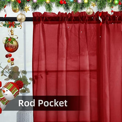 youleyar Solid Sheer Rod Pocket Curtain Voile Draperies 4 Panels White Beige Black Grey Ivory 52 Inch Width 45 Inch Long 1 Pair for Kitchen Bedroom Children Living Room Yard(Christmas Red,52 Wｘ45 L)