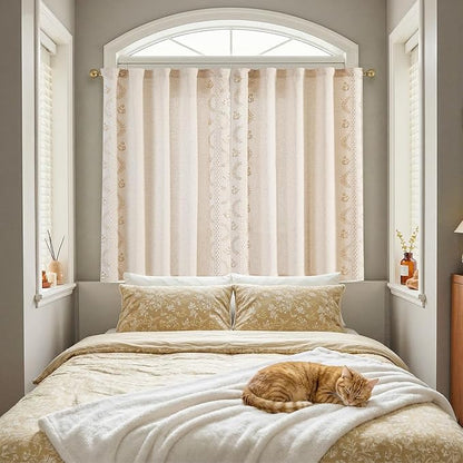 jinchan Belrose Linen Floral Cafe Curtains 45 Inch Length Embroidered Farmhouse Curtains for Kitchen Bedroom Bathroom Small Windows Curtain Set Light Filtering 2 Panels Beige