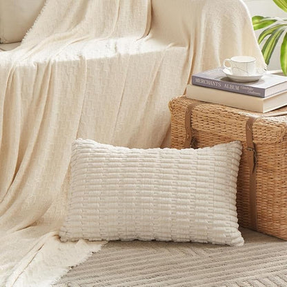 Fancy Homi 4 Packs Boho Cream Decorative Throw Pillow Covers 14x24 Inch for Living Room Couch Bed Sofa, Rustic Modern Farmhouse Home Decor, Soft Plush Corduroy Beige Cute Square Cushion Case 35x60 cm