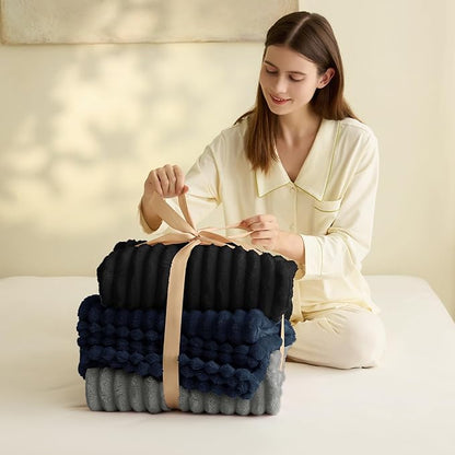 HIMEET Navy Blue Ribbed King Size Blanket for Bed - 300GSM Lightweight Fleece Blanket for Men Women, Large Cozy Sofa Couch Bed Blankets Gifts, Striped Spring Home Room Decor, Navy Blue, 108x90 Inches
