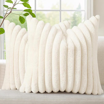 decorUhome Summer Cozy Faux Fur Throw Pillow Covers 20x20 Set of 2 Decorative Soft Plush Striped Modern Farmhouse Boho Couch Pillow Cases with Velvet Back for Sofa Bed Living Room, Cream White