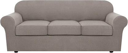 H.VERSAILTEX 4 Piece Stretch Sofa Covers for 3 Cushion Couch Covers for Living Room Furniture Slipcovers (Base Cover Plus 3 Seat Cushion Covers) Upgraded Thicker Jacquard Fabric (Sofa, Taupe)