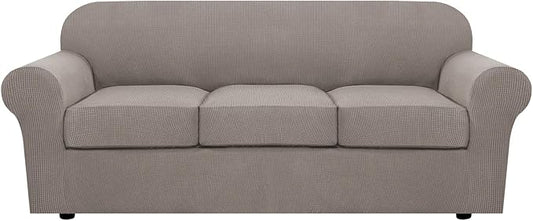 H.VERSAILTEX 4 Piece Stretch Sofa Covers for 3 Cushion Couch Covers for Living Room Furniture Slipcovers (Base Cover Plus 3 Seat Cushion Covers) Upgraded Thicker Jacquard Fabric (Sofa, Taupe)