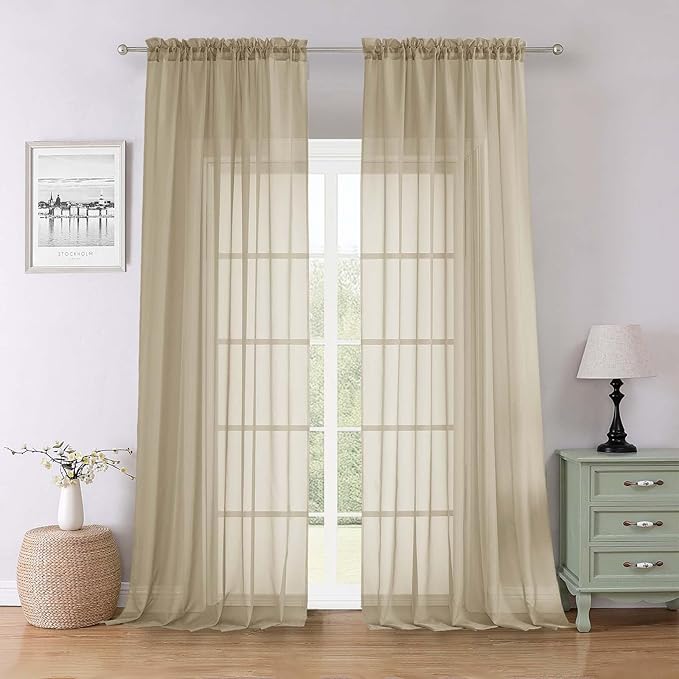 Lecloud Taupe Sheer Curtains 96 Inches Long 2 Panels Set, Home Decor Light Filtering Airy Solid Color Drapes, Dual Rod Pocket Living Room Curtains for Bedroom Dining Room, Each Panel 59" W x 96" L
