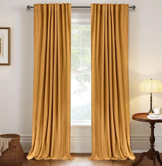 100% Blackout Shield Linen Blackout Curtains for Bedroom 90 Inches Long,Back Tab/Rod Pocket Living Room Drapes,Thermal Insulated Textured Blackout Curtains 2 Panels Set,50" W x 90" L,Mustard Yellow