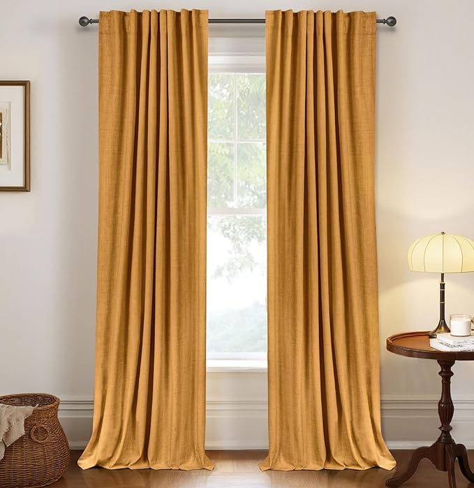 100% Blackout Shield Linen Blackout Curtains for Bedroom 84 Inches Long,Back Tab/Rod Pocket Living Room Drapes,Thermal Insulated Textured Blackout Curtains 2 Panels Set,50" W x 84" L,Mustard Yellow
