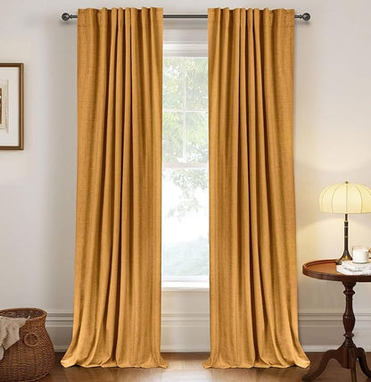 100% Blackout Shield Linen Blackout Curtains for Bedroom 102 Inches Long,Back Tab/Rod Pocket Living Room Drapes,Thermal Insulated Textured Blackout Curtains 2 Panels Set,50" W x 102" L,Mustard Yellow