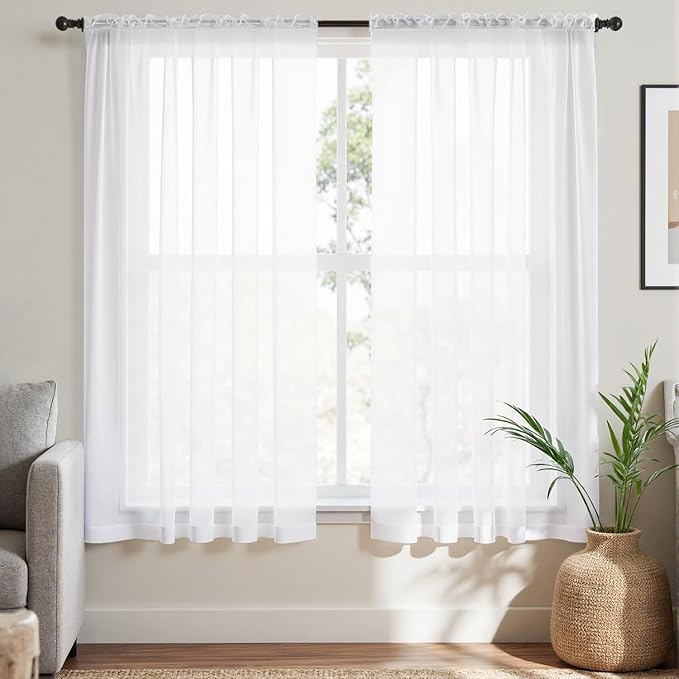 MIULEE Short White Sheer Curtains 45 Inches Long, Light Filtering Voile Drapes with Rod Pocket for Bathroom Windows, Small Window Treatments, 2 Panels Set