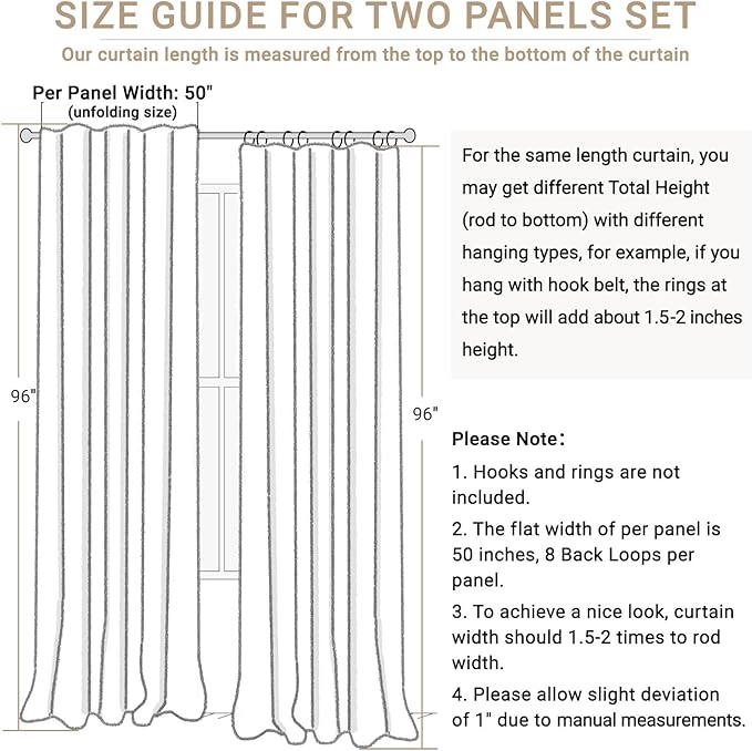 100% Blackout Shield Linen Blackout Curtains for Bedroom 96 Inches Long, Back Tab/Rod Pocket Living Room Drapes, Thermal Insulated Blackout Curtains 2 Panels Set, 50" W x 96" L, Beige