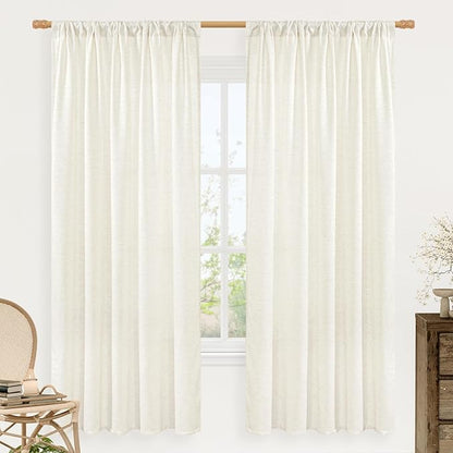 LAMIT Natural Linen Curtains for Bedroom, 72 Inch Faux Linen Textured Light Filtering Drapes Rod Pocket Window Panels for Living Room/Sliding Door, Set of 2 Panels, 52 x 72 Inch, Cream