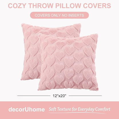 decorUhome Valentine’s Day Soft Plush Throw Pillow Covers 18x18 Inch Set of 2, Faux Fur Pink Heart Decoration Neutral Square Pillow Covers for Couch Sofa Bed Cozy Farmhouse Holiday Decor