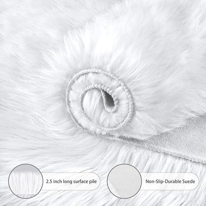 Round Fur Fluffy Area Rug for Bedroom, White Faux Fur Rugs Furry Circle Rug for Kids Room, Cute Furry Nursery Carpet, Plush Shag Circular Rugs Floor Carpets for Teen Girl Room, 3x3 Ft