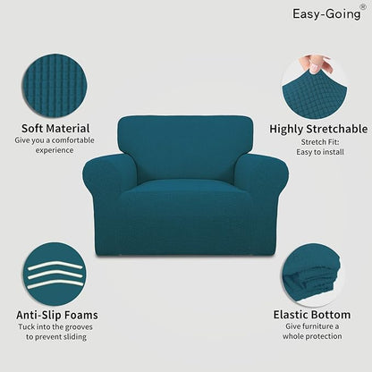 Easy-Going Stretch Oversized Chair Sofa Slipcover 1-Piece Couch Sofa Cover Furniture Protector Soft with Elastic Bottom for Kids Spandex Jacquard Fabric Small Checks Peacock Blue