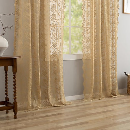 YJ YANJUN Vintage Lace Curtains 84 Inches Long-Victorian Floral Pattern Taupe Sheer Curtain Panels for Living Room Bedroom, Retro Boho Farmhouse Earth Tone Home Decor 2 Panels 52W x 84L Dark Tan