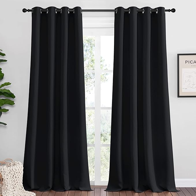 NICETOWN Patio Blackout Curtain Shades - Summer Home Decoration Thermal Insulated Grommet Blackout Draperies/Drapes for Kitchen (2 Panels, 55 inches x 96 inches, Black)