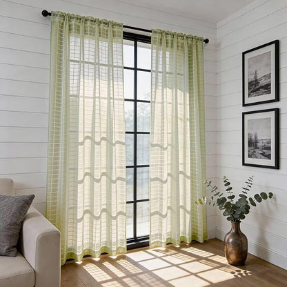 SpaceDresser Check Sheer Curtains 72 Inches 2 Panels Set, Rod Pocket Plaid Window Curtain for Living Room, Sage Green Semi Sheer Drapes for Kitchen Bedroom Children Room Yard（Sage Green, 52W x 72L）