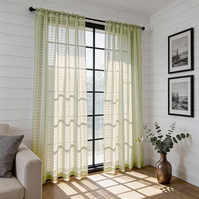SpaceDresser Check Sheer Curtains 84 Inches 2 Panels Set, Rod Pocket Plaid Window Curtain for Living Room, Sage Green Semi Sheer Drapes for Kitchen Bedroom Children Room Yard（Sage Green, 52W x 84L）