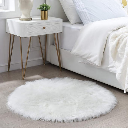 Round Fur Fluffy Area Rug for Bedroom, White Faux Fur Rugs Furry Circle Rug for Kids Room, Cute Furry Nursery Carpet, Plush Shag Circular Rugs Floor Carpets for Teen Girl Room, 3x3 Ft