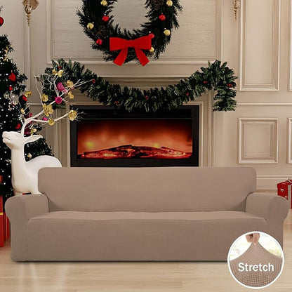 Easy-Going Stretch 4 Seater Sofa Slipcover 1-Piece Sofa Cover Furniture Protector Couch Soft with Elastic Bottom for Kids, Polyester Spandex Jacquard Fabric Small Checks Camel