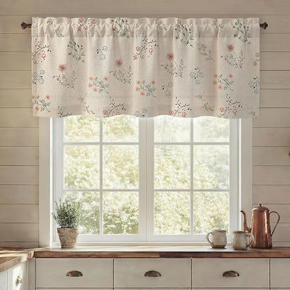 Kitchen Valances for Windows, Country Farmhouse Cottage Rustic Vintage Floral Linen Light Filtering Bedroom Living Room Patterned Printed Western Rod Pocket(1 Panel,52 x 18 Inch)