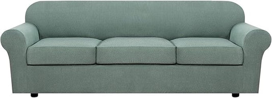 H.VERSAILTEX 4 Piece Stretch Sofa Covers for 3 Cushion Couch Covers for Living Room Furniture Slipcovers (Base Cover Plus 3 Seat Cushion Covers) Thicker Jacquard Fabric (Large Sofa, Sage)