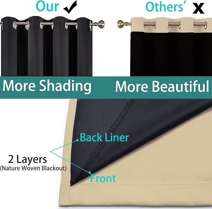 Yakamok Beige 100% Blackout Curtains, Thermal Insulated Total Blackout Drapes for Bedroom, Heat Blocking Window Curtains for Living Room(62Wx84L, 2 Panels)