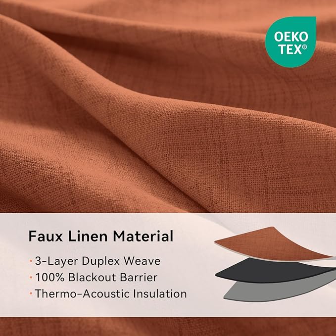 100% Blackout Shield Linen Blackout Curtains for Bedroom, Orange Grommet Curtains for Living Room, Thermal Insulated Room Darkening Drapes for Nursery, Boho Home Decor, 50" W x 102" L, 2 Panels