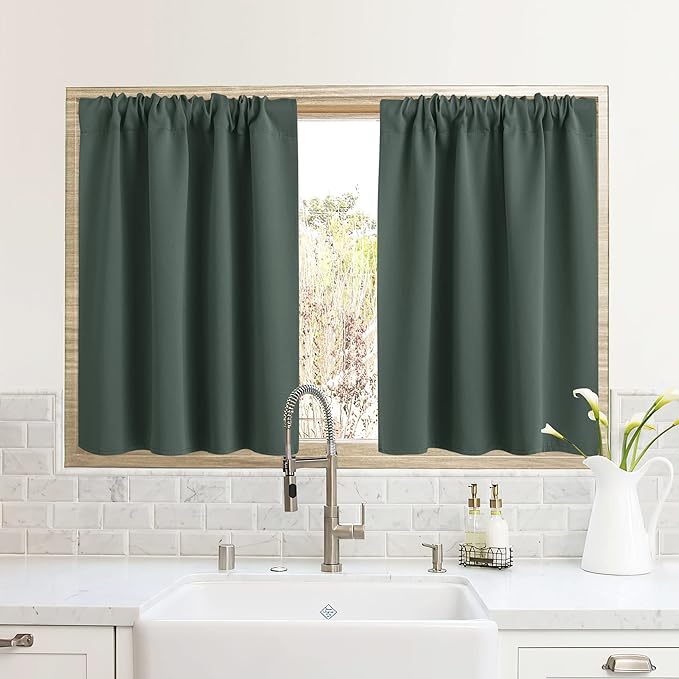 RYB HOME RV Curtains for Camper Windows, Mini Small Thermal Insulated Sunlight Heat Blocking Blackout Privacy Portable Curtains for Travel Trailer, Width 34 by Length 24, Dark Green, 2 Panels