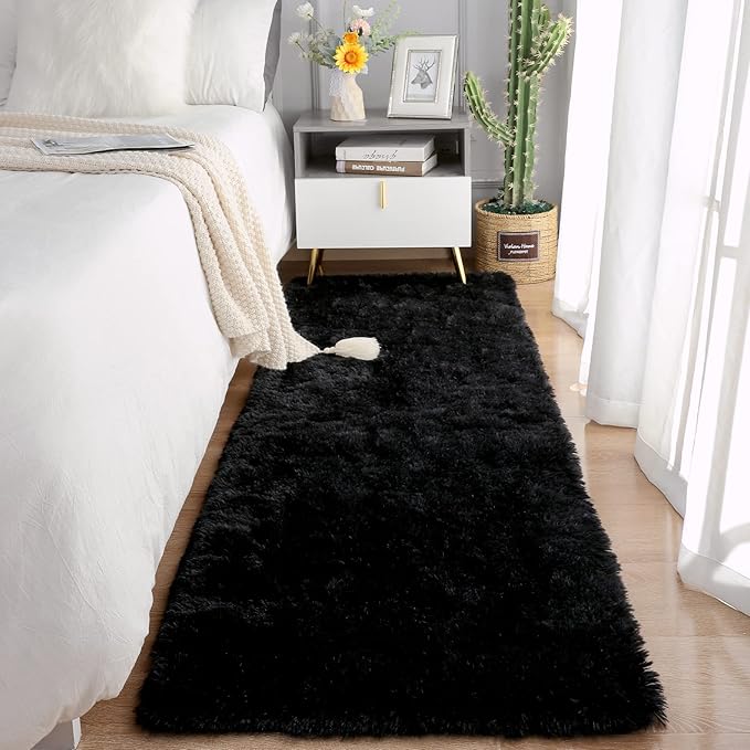 Chicrug Soft Runner Rug for Bedroom Living Room Plush Fluffy Rug 2x8 Feet, Shag Furry Runner Rug Carpet Non Shedding for Nursery Children Kids Girls Room Home Decorative, Black