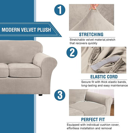 H.VERSAILTEX Modern Velvet Plush 4 Piece High Stretch Sofa Slipcover Furniture Protector Form Fit Velvet Extra Large Sofa Cover for 3 Cushion Couch Width Up to 105 Inch (XL Sofa, French Oak)