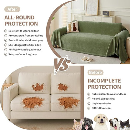 Couch Cover for Dogs, Boho Sofa Covers for 3 Cushion Couch, Chenille Sofa Slipcover for Pets Washable, L-Shape Sectional Couch Cover Soft Throw Blankets with Tassels(91x118,Green)
