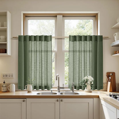 Nanspring Olive Green Linen Curtains 30 Inch Length Short Kitchen, Semi Sheer Boho Cafe Curtains Back Tab and Rod Pocket Basement Drapes for Half Window 30 x 30 Inch,2 Panels