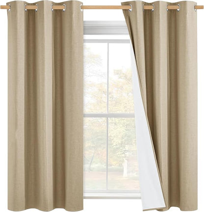 NICETOWN 100% Absolutely Blackout Linen Curtains with Thermal Insulated White Liner, Camel, 42" Wide by 45" Long, 2 Pieces, Linen Blend Window Drapes Privacy Window Treatments for Bedroom/Kids Room