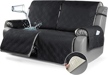 TAOCOCO 100% Waterproof Oversized Loveseat Recliner Cover, Non Slip Split Couch Covers for Reclining Loveseat with Elastic Straps for Kids Pets(Oversized 2 Seater, Black)