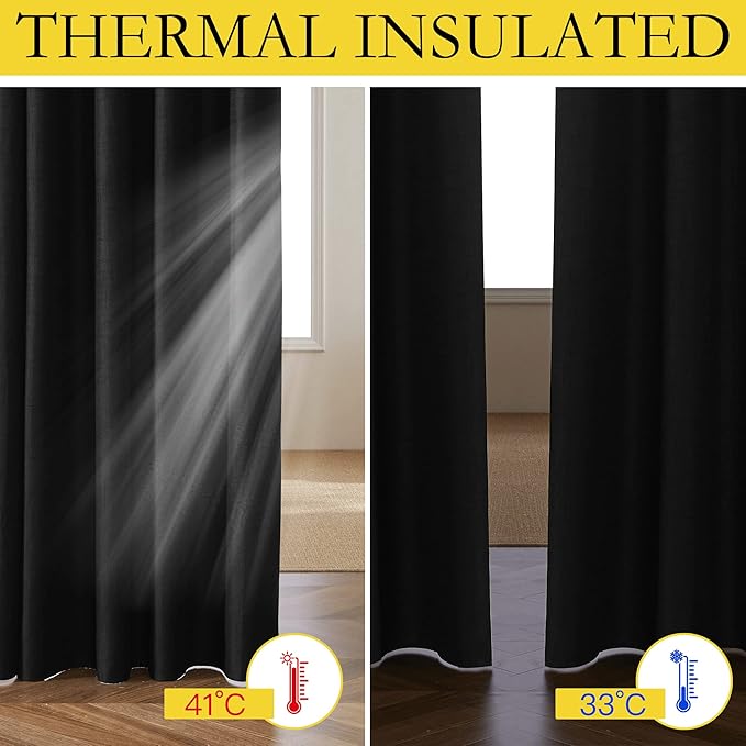 NICETOWN Vintage Open Linen Weave Flax Thermal Curtains, 100% Blackout Curtains 102 inches Long for Dining Room, Soundproof Window Treatment Drapes for Hall Room, Black, 52" Wide Per Panel, Set of 2