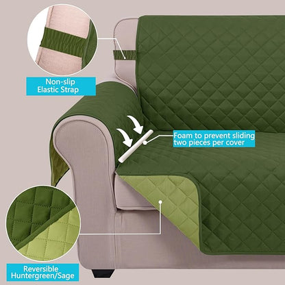 U-NICE HOME Loveseat Sofa Cover Reversible Couch Covers for 2 Cushion Couch for Dogs Furniture Protector Cover with Elastic Straps Water Resistant(Loveseat Small, Huntergreen/Sage)