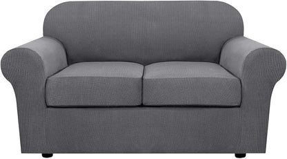 H.VERSAILTEX 3 Piece Stretch Sofa Covers for 2 Cushion Loveseat Couch Covers for Living Room Furniture Cover (Base Cover Plus 2 Seat Cushion Covers) Thicker Jacquard Fabric(Medium Sofa, Grey)