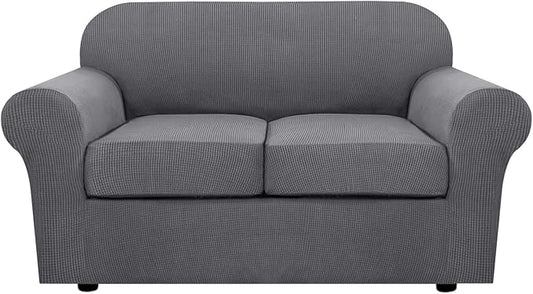H.VERSAILTEX 3 Piece Stretch Sofa Covers for 2 Cushion Loveseat Couch Covers for Living Room Furniture Cover (Base Cover Plus 2 Seat Cushion Covers) Thicker Jacquard Fabric(Medium Sofa, Grey)