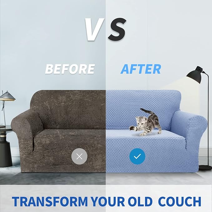 ZNSAYOTX 1 Piece Jacquard Couch Covers for 2 Cushion Couch High Stretch Loveseat Slipcover for Pets Dogs Anti Slip Love Seat Sofa Slipcover Furniture Protector (Medium, Light Blue)