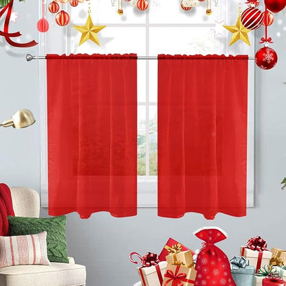 SpaceDresser Basic Rod Pocket Sheer Voile Window Curtain Panels Red 1 Pair 2 Panels 26 Width 40 Inch Long for Kitchen Bedroom Children Living Room Yard（Red，26Wx 40L）