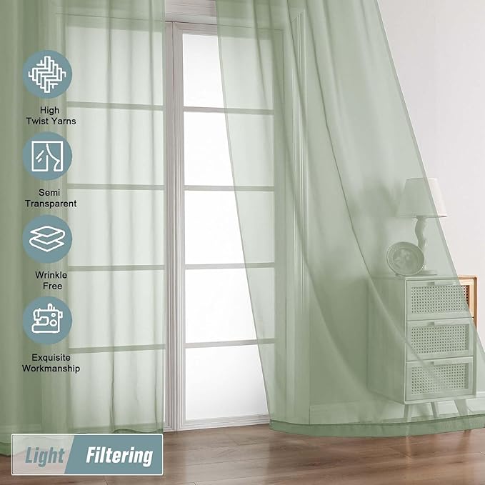 Extra Wide Sage Green Sheer Curtains 90 Inches Long 2 Panels, Light Filtering Lightweight Solid Sheer Curtains for Living Room, Window Voile Sheer Drapes, Dual Rod Pocket, 2x59Wx90L Inches