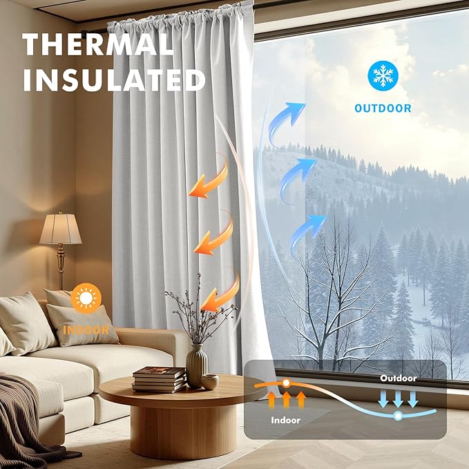 MIULEE 100% Blackout Linen Curtains for Bedroom, Heathered White Solid Luxury Decor Thermal Insulation Room Darkening Drapes for Living Room Nursery Back Tab Rod Pocket 42 x 90 Inches, 2 Panels