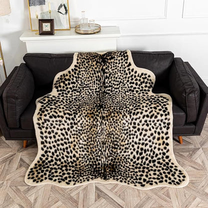 Leopard Area Rug Animals Printed Hide Mats Faux Fur Cowhide Skin Carpet for Home Office, Living Room, Bedroom, 5.2ft x 6.5ft (160 x 200cm)