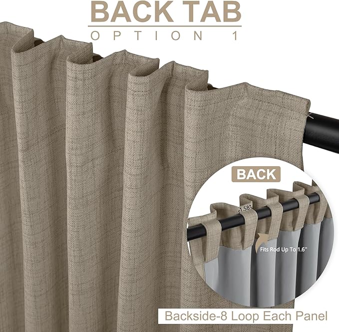 100% Blackout Shield Linen Blackout Curtains for Bedroom 96 Inches Long, Back Tab/Rod Pocket Living Room Drapes, Thermal Insulated Blackout Curtains 2 Panels Set, 50" W x 96" L, Faux Linen